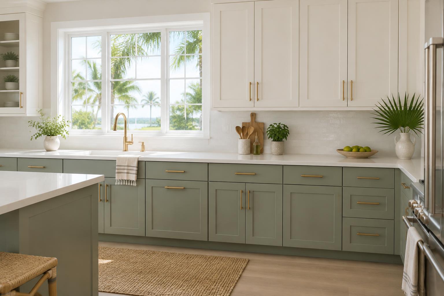 Kitchen with sage lower cabinets, ivory upper cabinets and brass handles