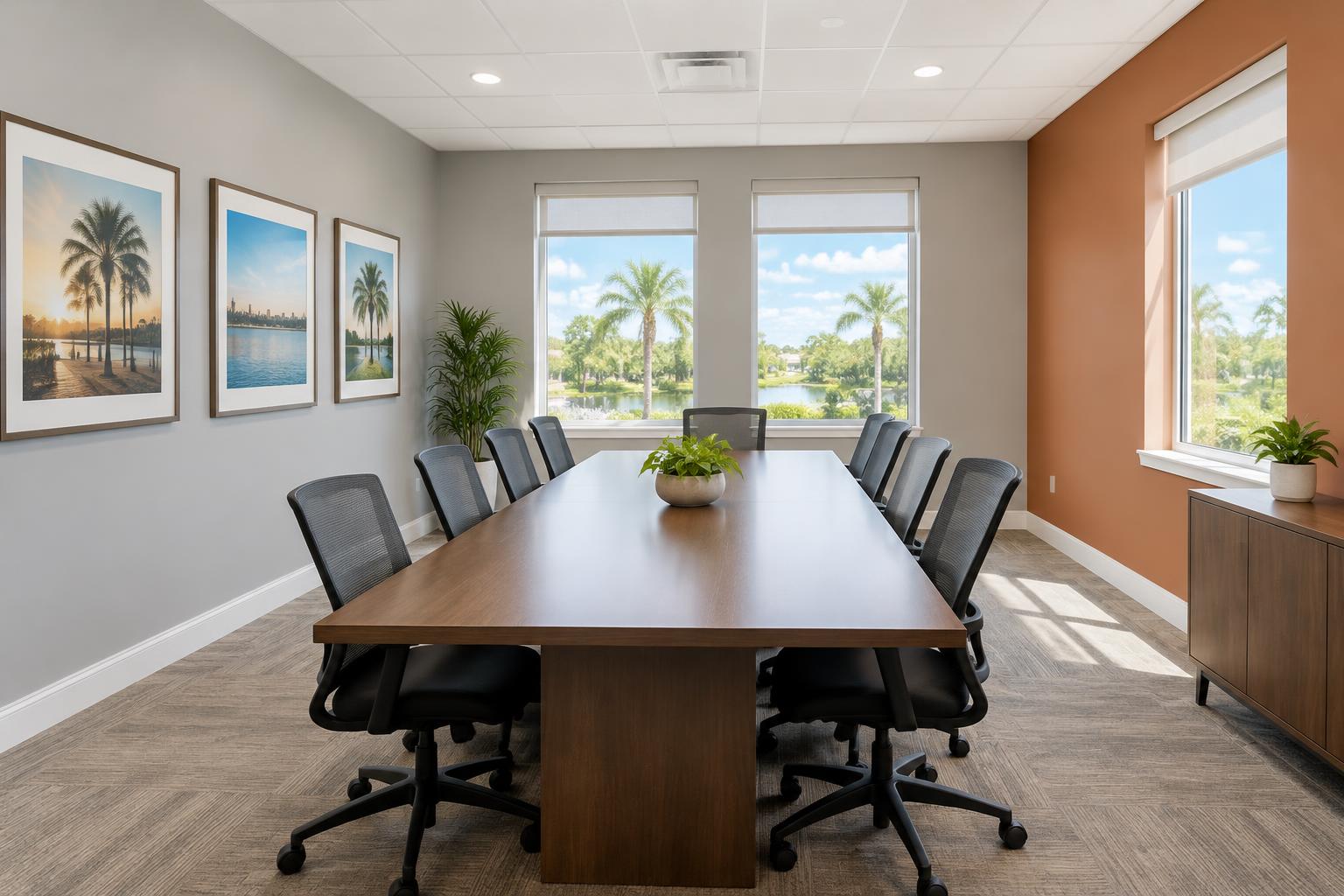 Commercial meeting room with light gray walls and terracotta accent wall