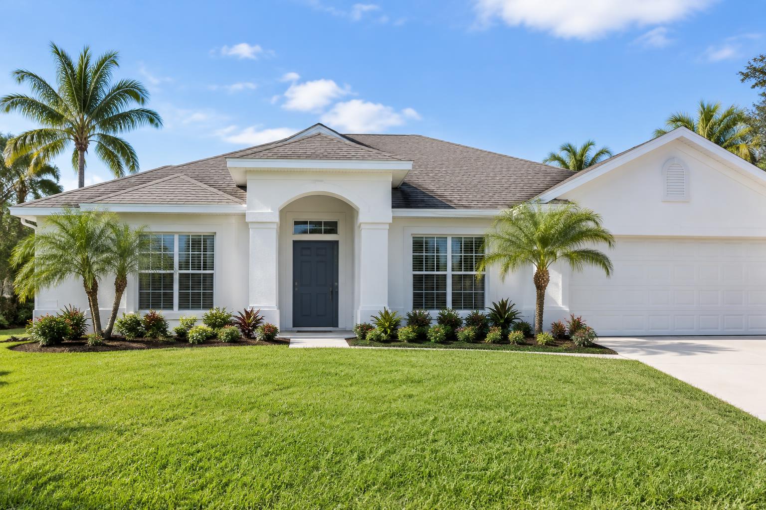 White Florida stucco home with charcoal-blue door and palm landscaping
